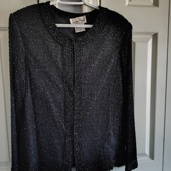 Laurence Kazar Black Beaded Cocktail Jacket VIntage Silk M - Picture 1 of 14